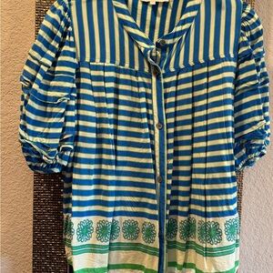 Olivaceous Blue and Green Striped Blouse